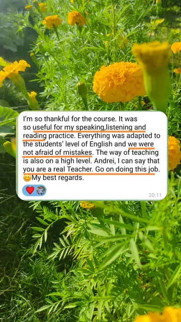 I'm so thankful for the course. It was so useful for my speaking, listening and reading practice. Everything was adapted to the students' level of English and we were not afraid of mistakes. The way of teaching is also on a high level. Andrei, I can say that you are a real Teacher. Go on doing this job. My best regards.