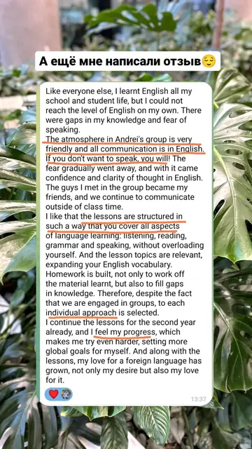 Like everyone else, I learnt English all my school and student life, but I could not reach the level of English on my own. There were gaps in my knowledge and fear of speaking. The atmosphere in Andrei's group is very friendly and all communication is in English. If you don't want to speak, you will! The fear gradually went away, and with it came confidence and clarity of thought in English. The guys I met in the group became my friends, and we continue to communicate outside of class time. I like that the lessons are structured in such a way that you cover all aspects of language learning: listening, reading, grammar and speaking, without overloading yourself. And the lesson topics are relevant, expanding your English vocabulary. Homework is built, not only to work off the material learnt, but also to fill gaps in knowledge. Therefore, despite the fact that we are engaged in groups, to each individual approach is selected. I continue the lessons for the second year already, and I feel my progress, which makes me try even harder, setting more global goals for myself. And along with the lessons, my love for a foreign language has grown, not only my desire but also my love for it.