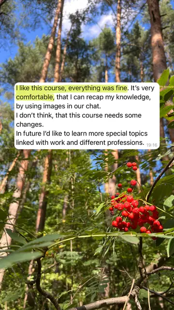 I like this course, everything was fine. It's very comfortable, that I can recap my knowledge, by using images in our chat. I don't think, that this course needs some changes. In future I'd like to learn more special topics linked with work and different professions.