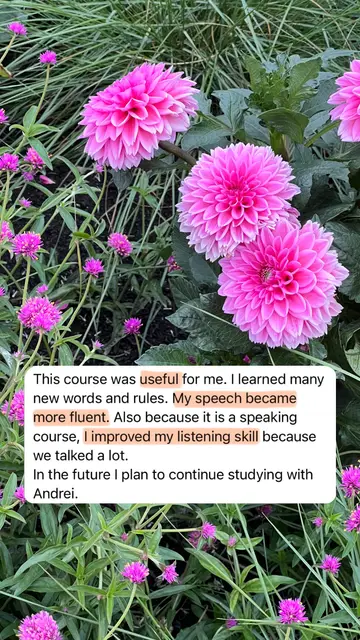 This course was useful for me. I learned many new words and phrases. Also because it is a speaking course, I practiced my speaking skills. In future I'd like to continue studying with you.